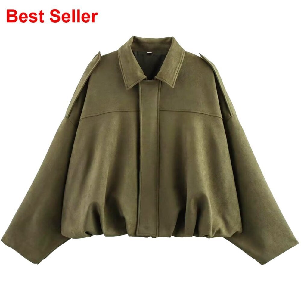 Oversized Faux Suede Bomber Jacket, Lapel Collar, Streetwear Pilot Coat